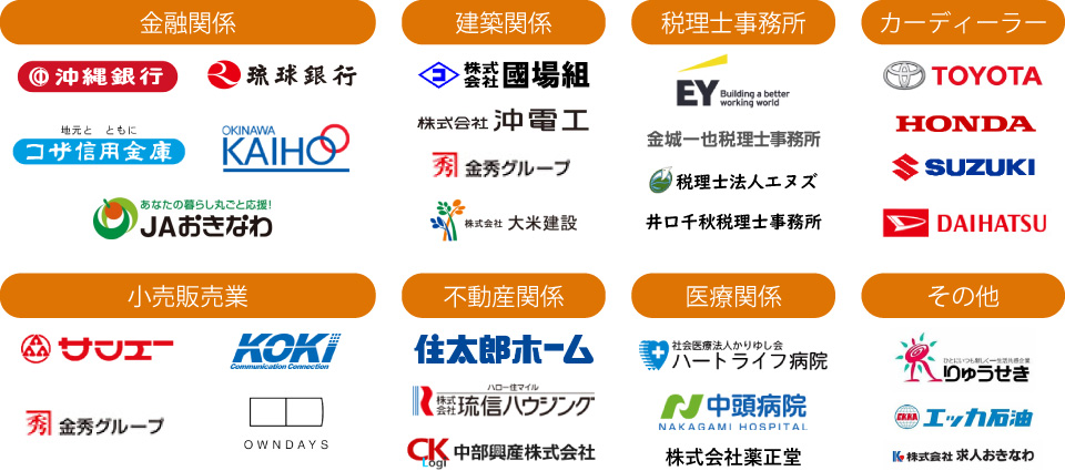 金融機関:沖縄銀行・琉球銀行・コザ信用金庫・海邦銀行・JAおきなわ。建築関係:株式会社 国場組・株式会社 沖電工・金秀グループ・株式会社 大米建設。税理士事務所:EY税理士法人・金城一也税理士事務所・税理士法人エヌズ・井口千秋税理士事務所。カーディーラー:TOYOTA・HONDA・SUZUKI・DAIHATSU