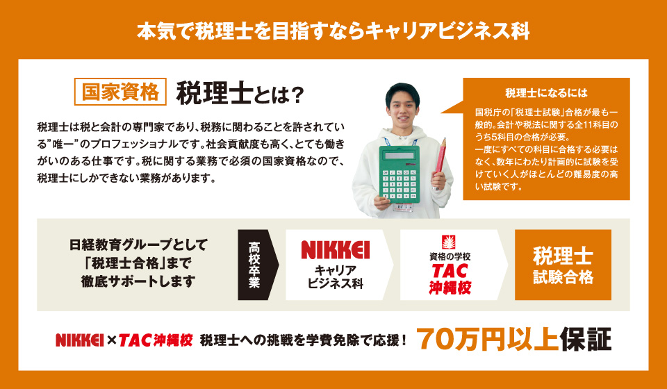 日経教育グループなら税理士合格まで徹底サポート キャリアビジネス科で難関の日商簿記検定１級に合格。税理士への道はこの合格から本格スタートです。５科目制覇に向けた日々のはじまりです。